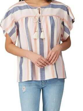 B COLLECTION BY BOBEAU Striped Tassel Tie Short Sleeve Top - Pink & Blue M
